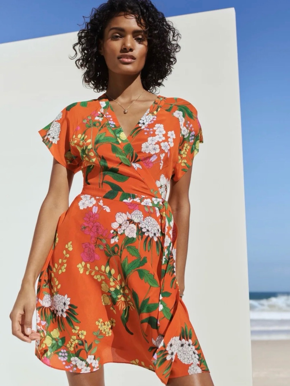 Karen Millen Orange Floral Wrap silk Mini Dress, US6